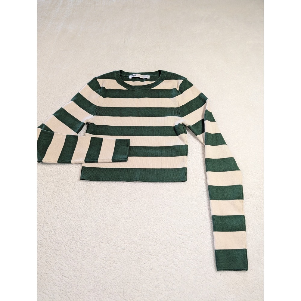 Zara Green Cream Striped Ribbed Knit Cropped Sweater Long Sleeve Small 3519/102
